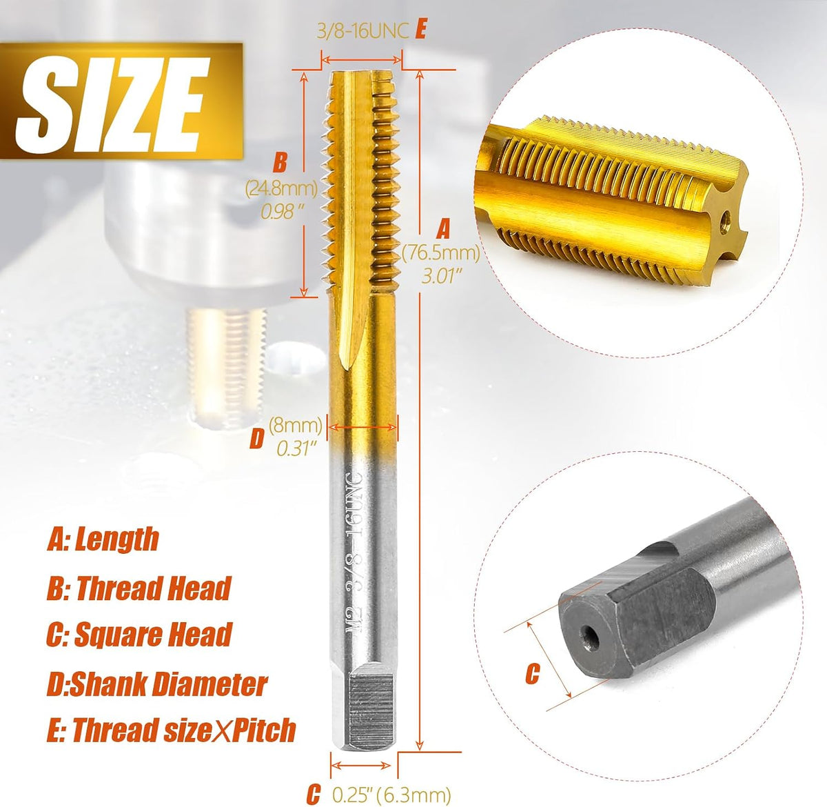 3/8"-16 UNC Thread Tap for Metal,3/8"-16 UNC M2 HSS Thread Milling Tap