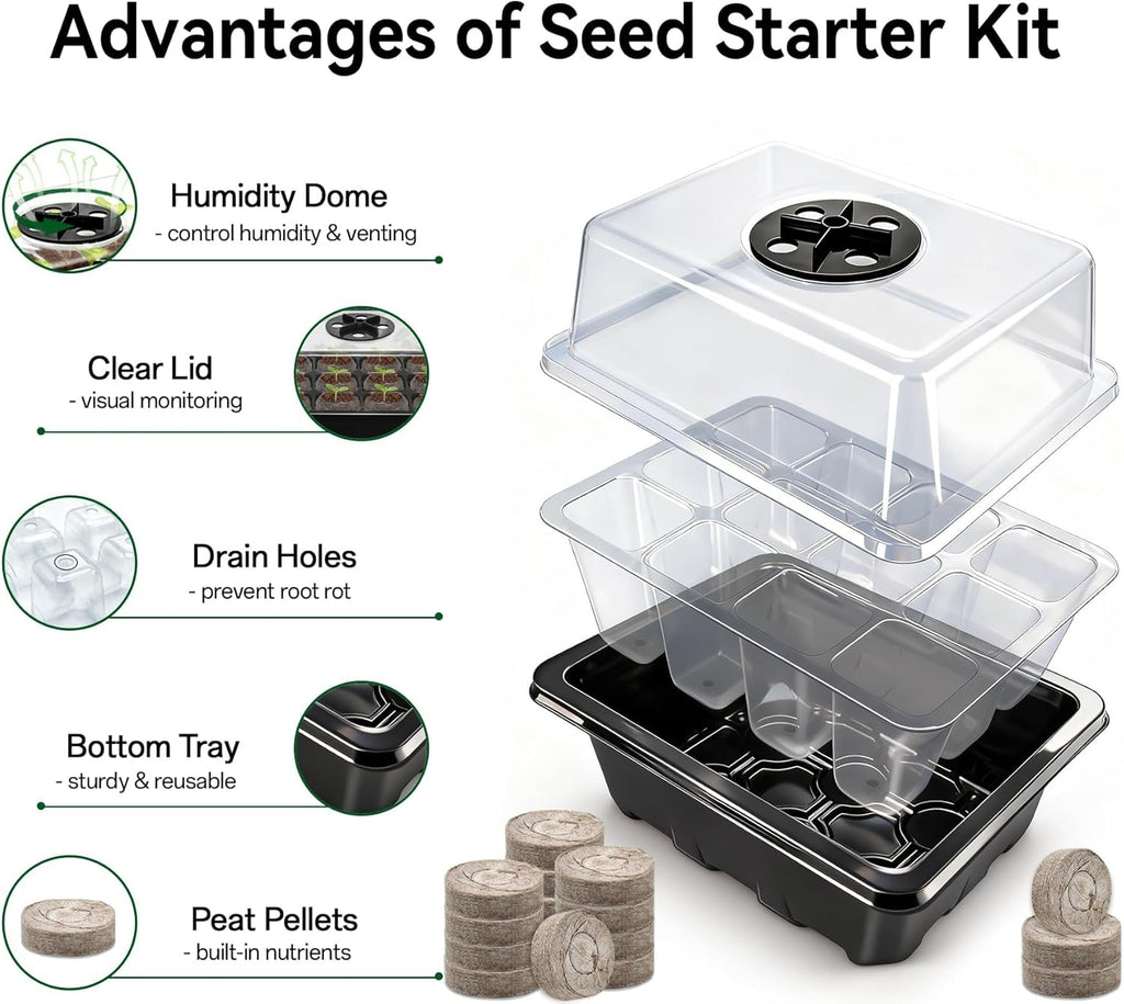 4 Pack Seed Starter Tray with 50 PCS Peat Pellets, 48 Cells Black Seeding Starter Trays for Organic Seed Starter Soil