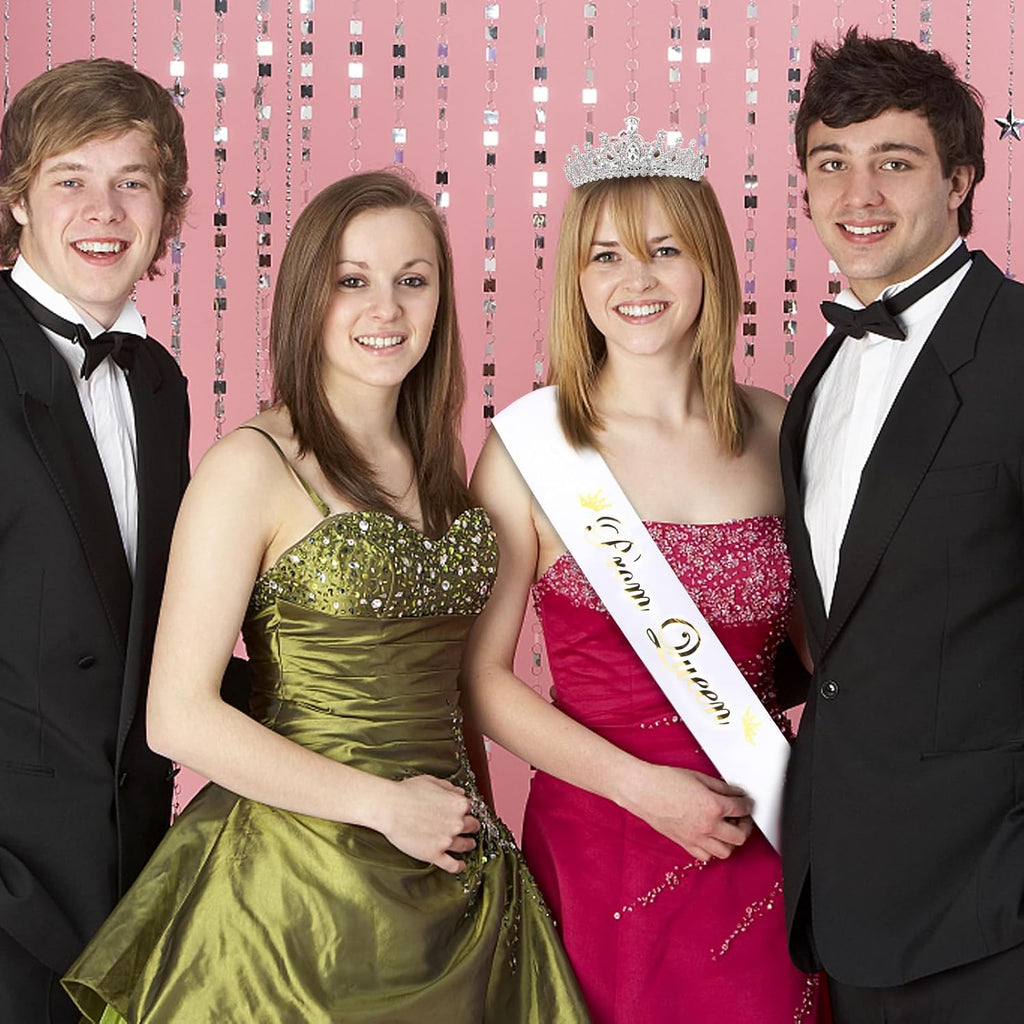 Prom Queen Sash and Tiara Set, Silver Crowns and White Sash - Graduation and Wedding Party Accessories