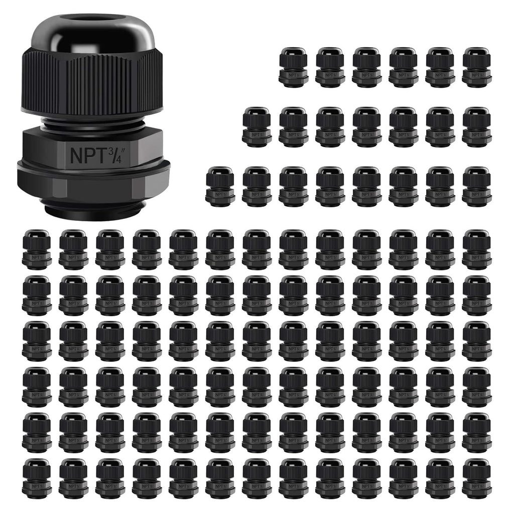 LeMotech 100 Pack NPT 3/4" Cable Glands Waterproof Adjustable 12.5-18mm Cable Connectors Black Nylon Joints with Gaskets