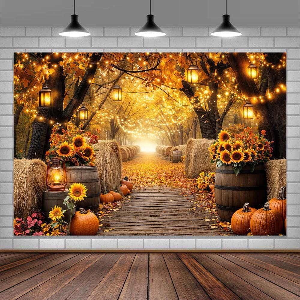 Fall Photo Backdrop, Autumn Forest Scenery Maple Leaves Pumpkins Sunflowers Photography Background, Fall Farm Harvest