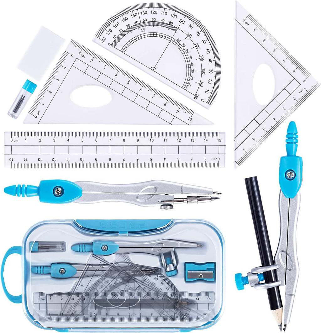 Math Geometry Kit Set 10 Pieces with Shatterproof Storage Box, Student Supplies Drawing Compass Includes Protractor