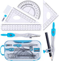 Math Geometry Kit Set 10 Pieces with Shatterproof Storage Box, Student Supplies Drawing Compass Includes Protractor