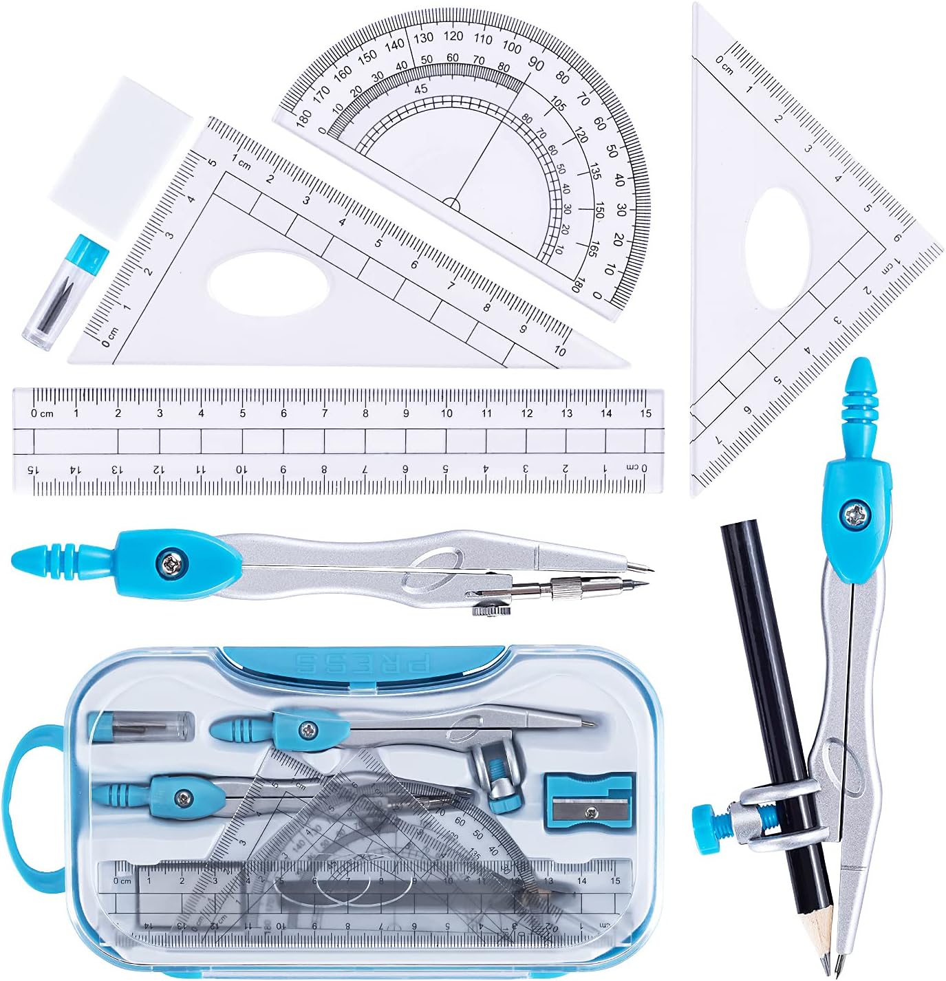 Math Geometry Kit Set 10 Pieces with Shatterproof Storage Box, Student Supplies Drawing Compass Includes Protractor