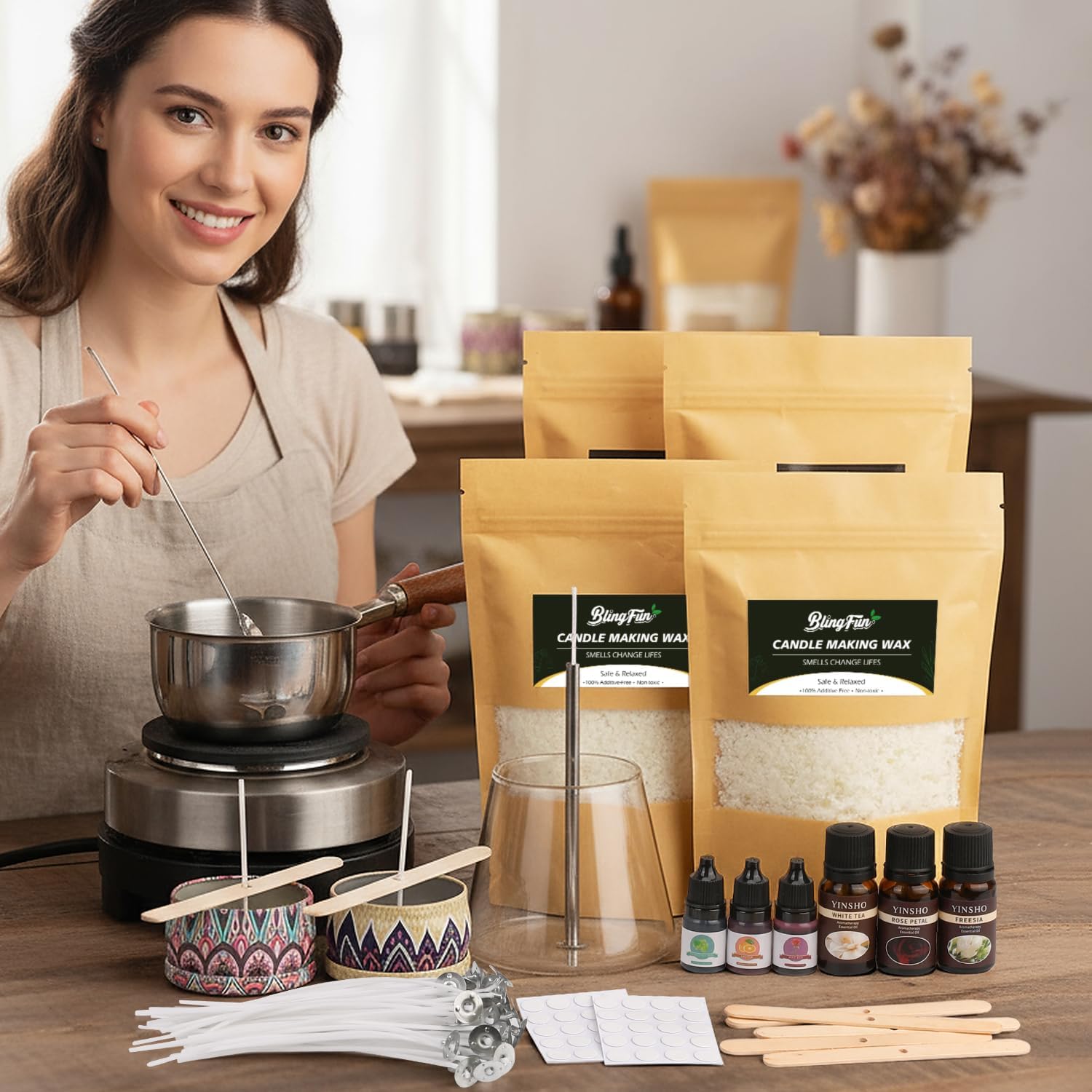 Candle Making Kit for Beginners, Soy Wax Candle Making Supplies with Natural Soy Wax, Essential Oils, Color Dye
