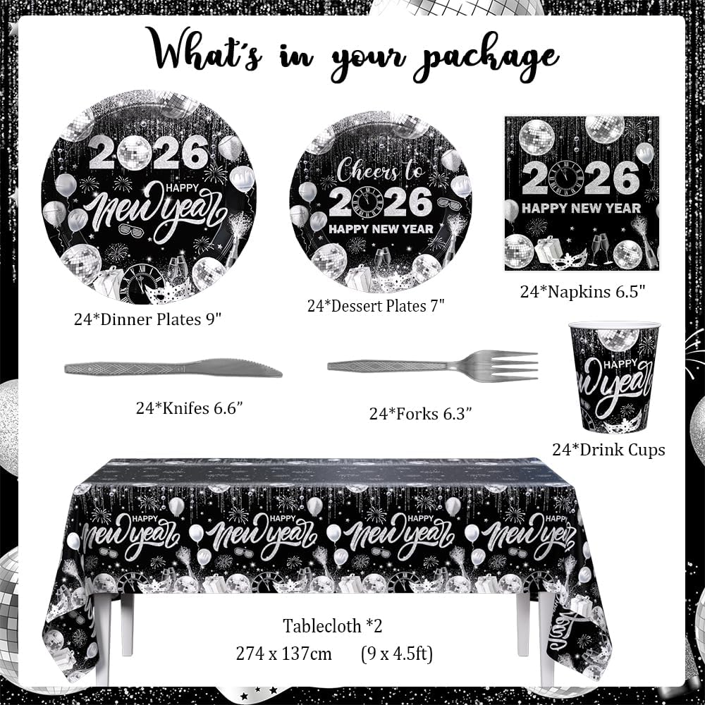 194pcs Happy New Years Eve 2026 Party Decorations for New Year Party Plates, Cup, Napkin, Tablecloth, Tableware