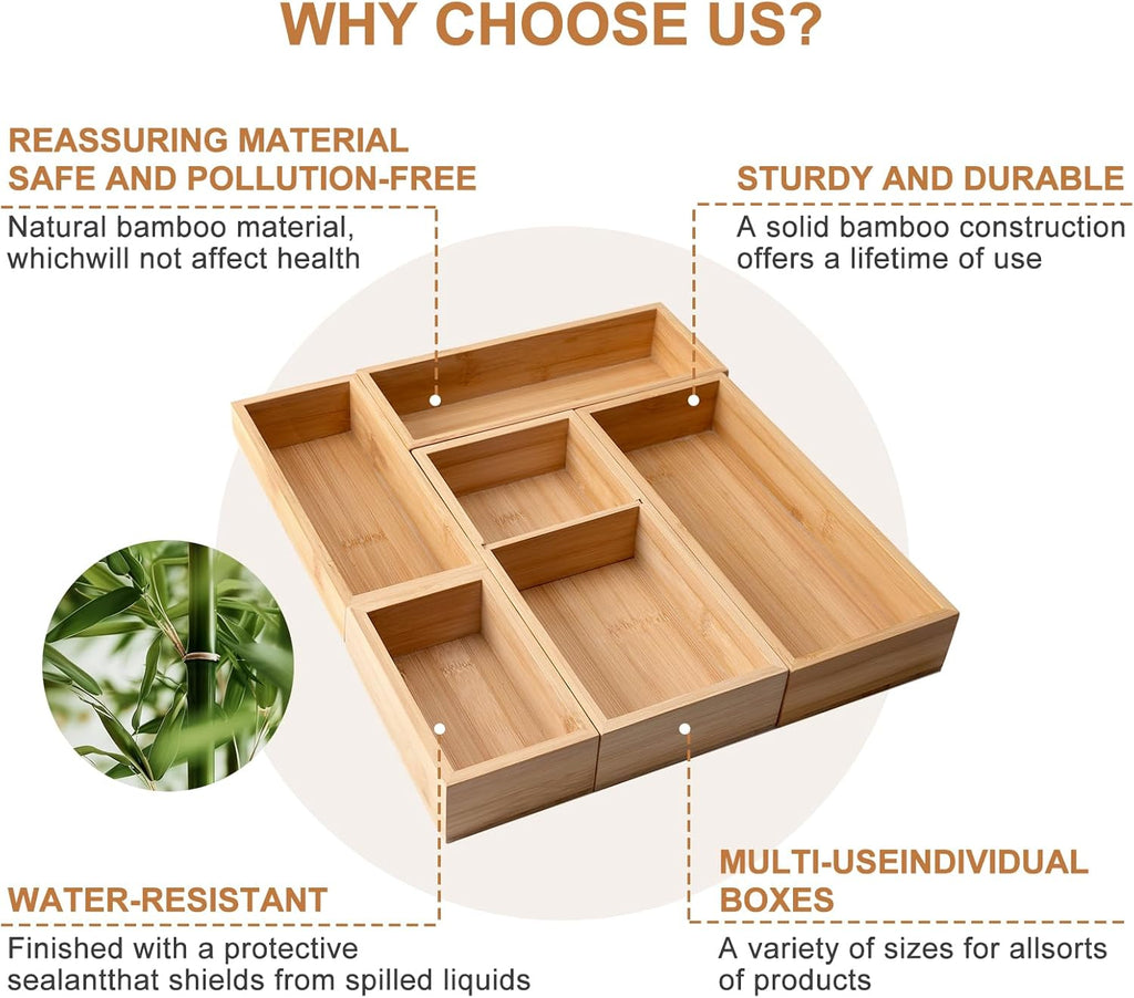 Bamboo Drawer Organizer 5 Pcs for Kitchen Multi-purpose Storage Dividers for Kitchen, Office, Jewelry, Cosmetics