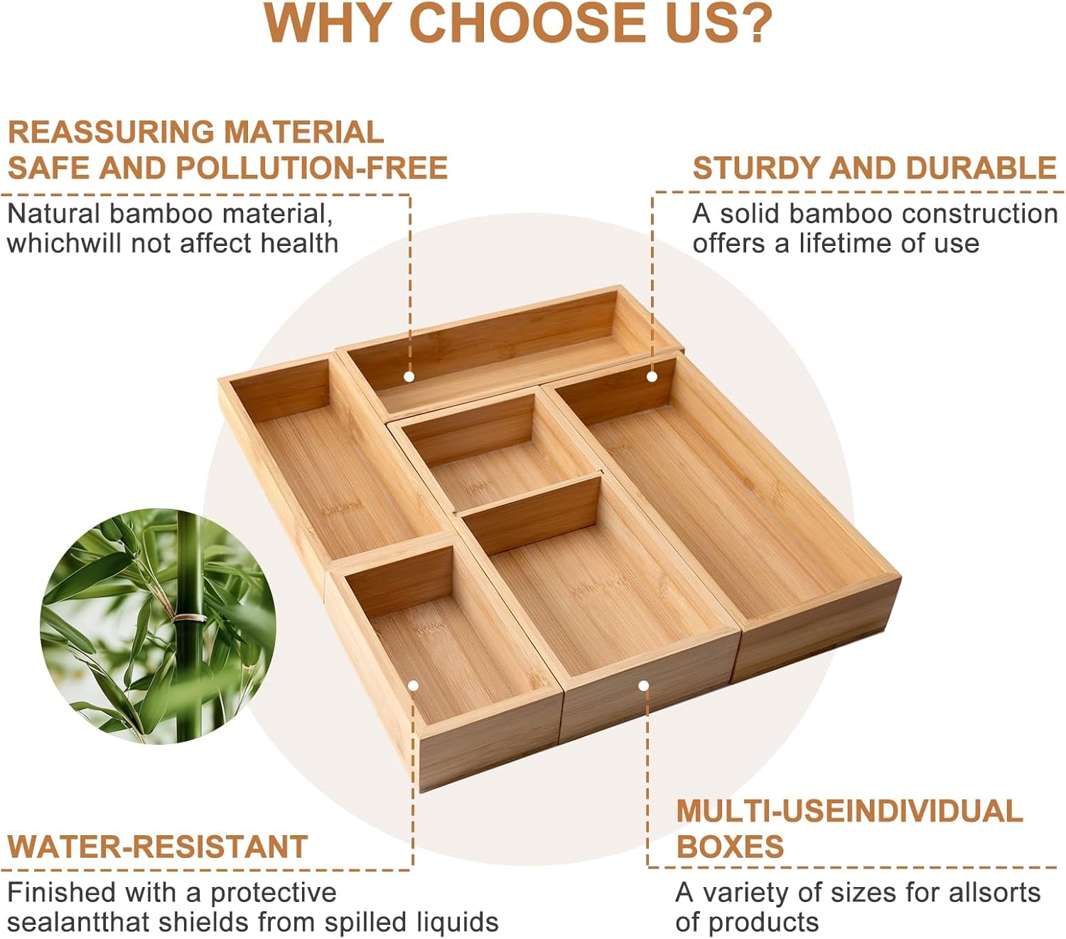 Bamboo Drawer Organizer 5 Pcs for Kitchen Multi-purpose Storage Dividers for Kitchen, Office, Jewelry, Cosmetics