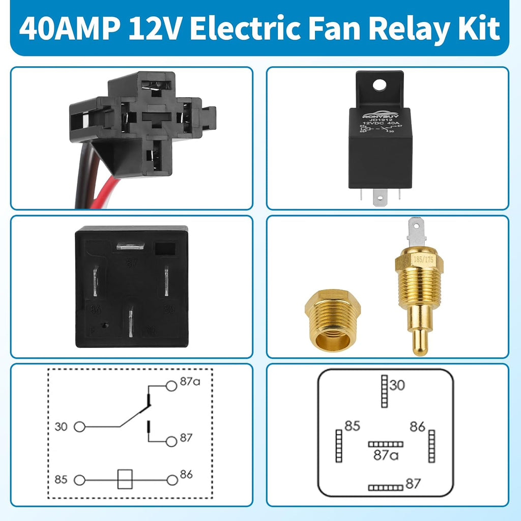Electric Fan Relay Kit 40 AMP Automotive Relay Thermostat Switch Kit for Radiators Fans Temperature Sensor Switch 185