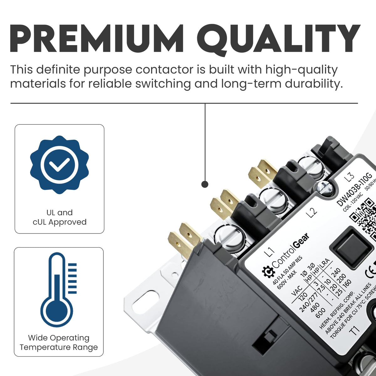 3-Pole Definite Purpose Contactor, 40A, 120V Coil, UL Recognized, A2L cert.