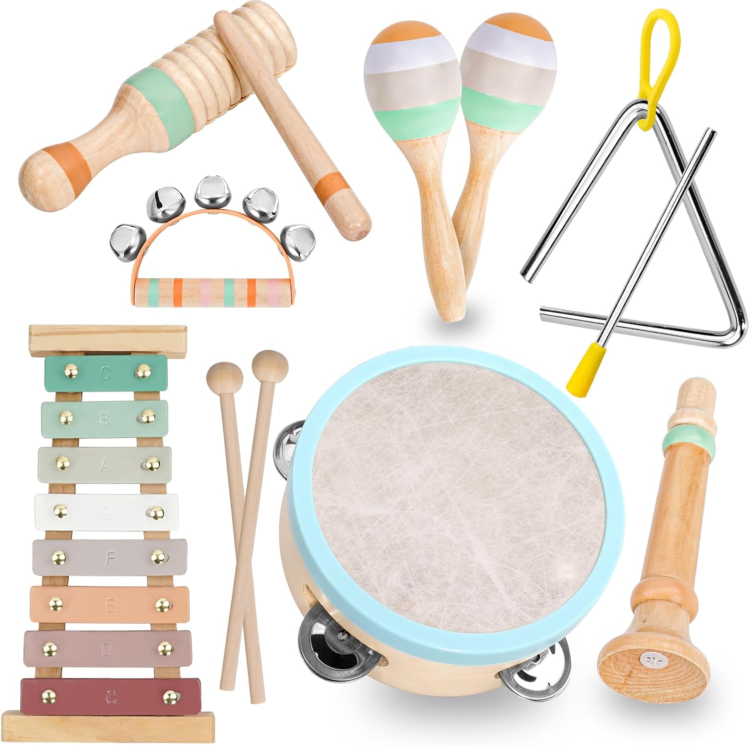 Kids Musical Instruments Set, Neutral Colors Wooden Montessori Toys | Percussion Instruments Set with Modern Boho