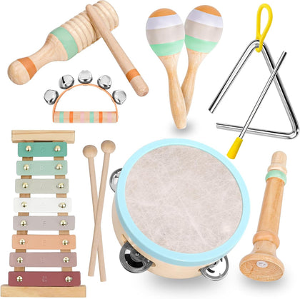 Kids Musical Instruments Set, Neutral Colors Wooden Montessori Toys | Percussion Instruments Set with Modern Boho
