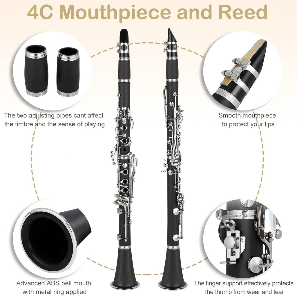 B Flat Clarinet with Gig Case for Beginners Student, Black | Band & Orchestra Bakelite Clarinete Set, Musical