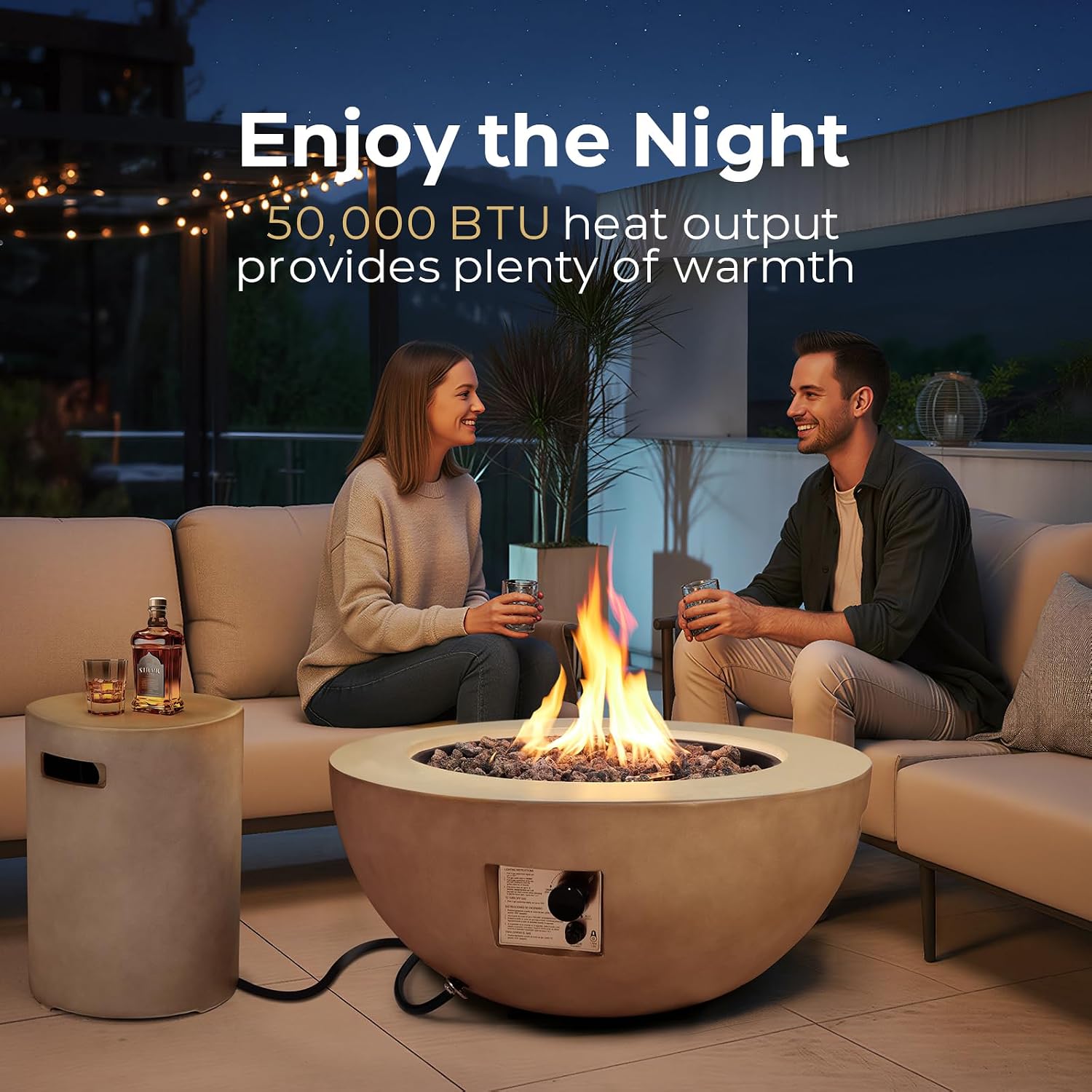2-Piece Outdoor Propane Fire Pit Table Set w/Tank Cover Table, 31.5-inch 50,000 BTU Bowl Concrete Firepit SUS201