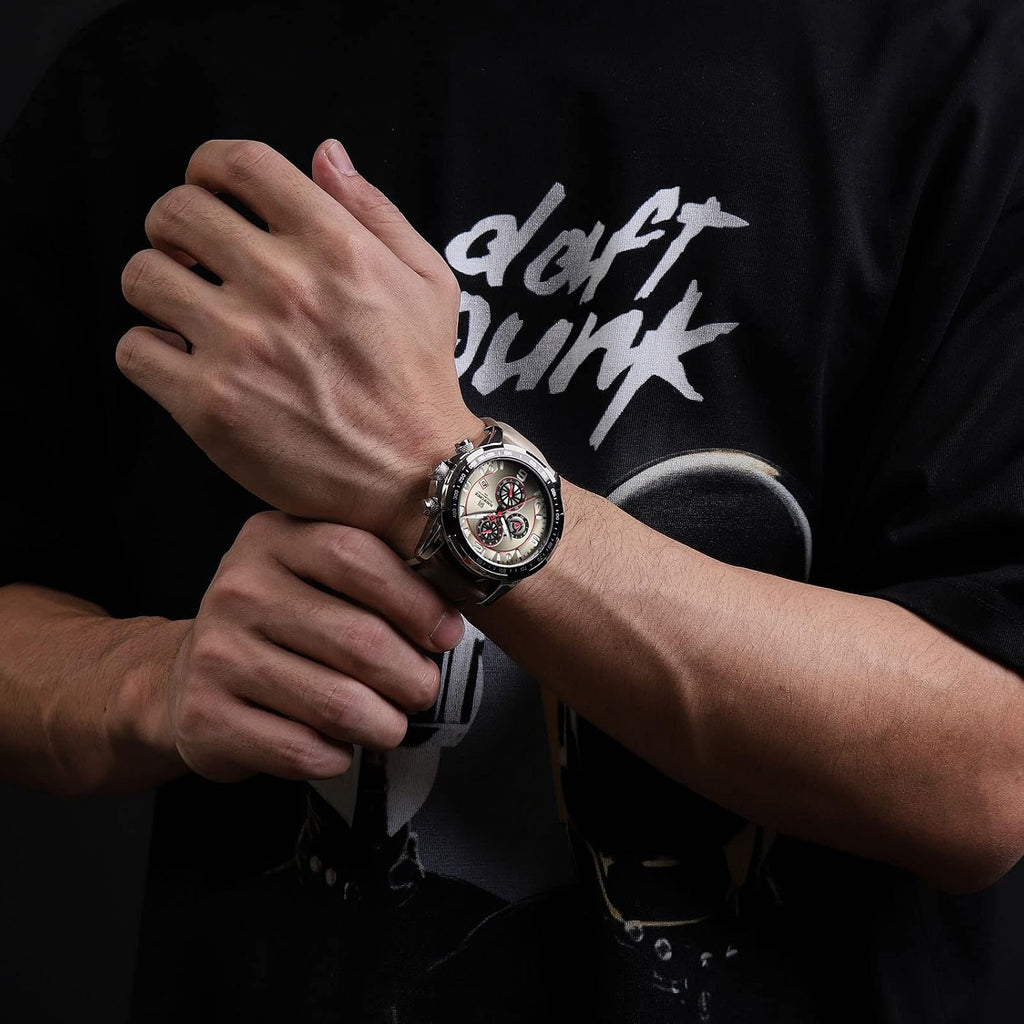 Sport Watches for Men Analog Quartz Chronograph Leather Strap Wrist Watch