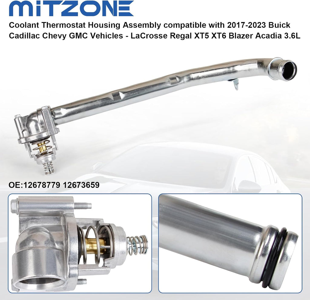 MITZONE Coolant Thermostat Housing Assembly compatible with 2017-2023 Buick Cadillac Chevy GMC Vehicles - LaCrosse Regal XT5 XT6 Blazer Acadia 3.6L Replace