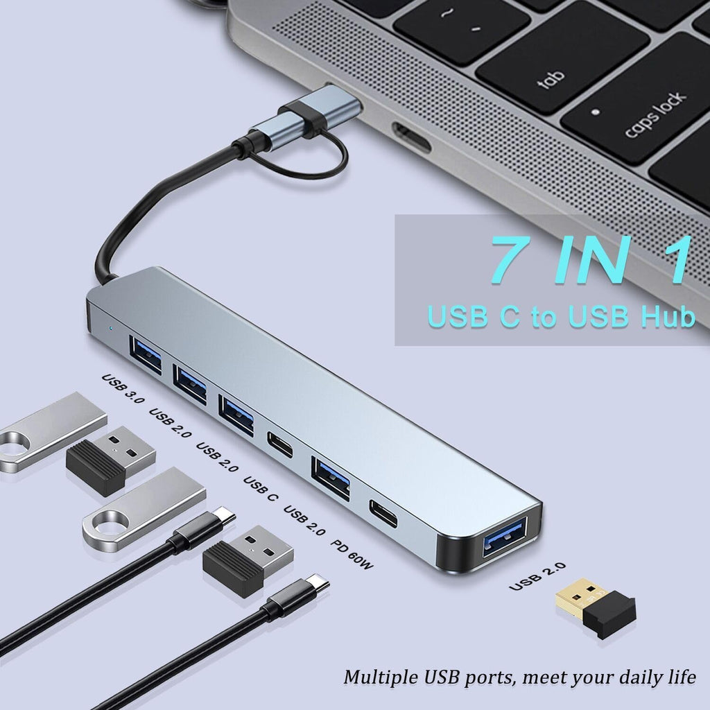 Aluminum USB C & USB Hub 7-in-1 with USB 3.0, USB-C Ports for PC/Laptops/MacBook Pro/Air/iMac/iPad and More Devices