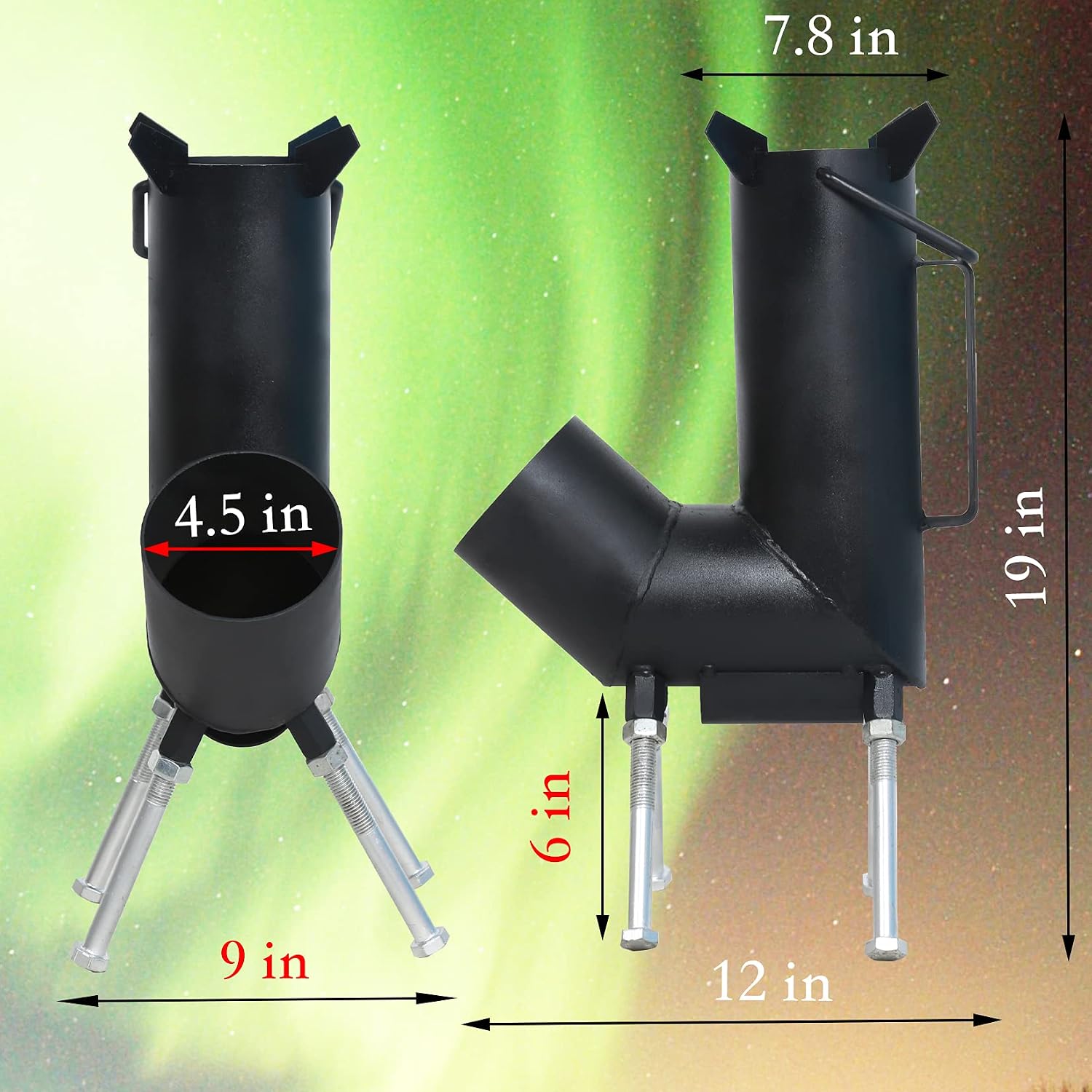Rocket stove with handle, A portable wood burning camping stove with a fire poker & tongs. wood burning Rocket stove