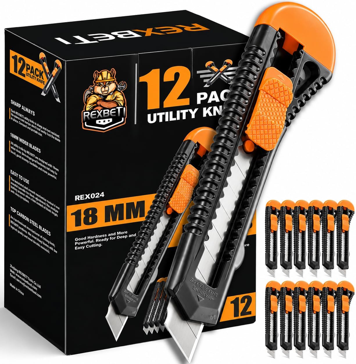 12-Pack Utility Knife, Retractable Box Cutter for Cartons, Cardboard and Boxes, 18mm Wider Razor Sharp Blade, Smooth