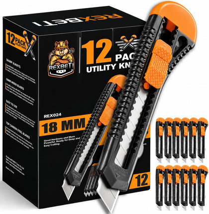 12-Pack Utility Knife, Retractable Box Cutter for Cartons, Cardboard and Boxes, 18mm Wider Razor Sharp Blade, Smooth