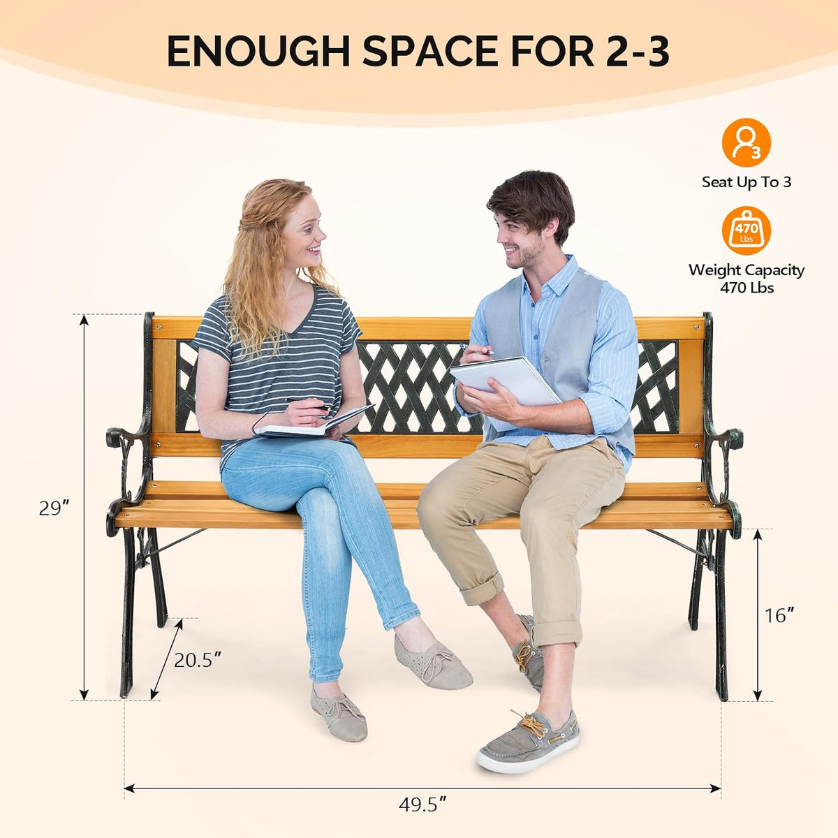 Outdoor Bench, Weather Resistant Cast Iron Frame＆Teak Wood Seat w/PVC Backrest, 3-Person 470lbs Capacity Garden Bench