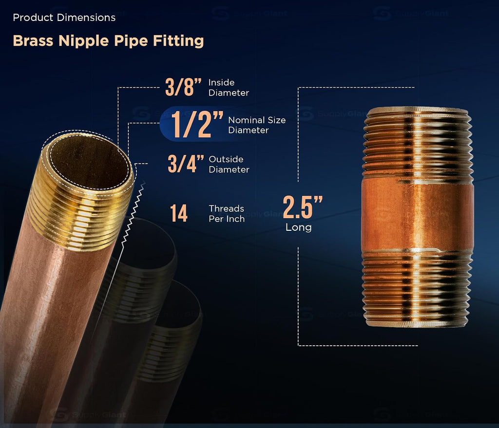 Everflow Supplies NPBR1225 2-1/2" Long Brass Nipple Pipe Fitting with 1/2" Nominal Diameter and NPT Ends