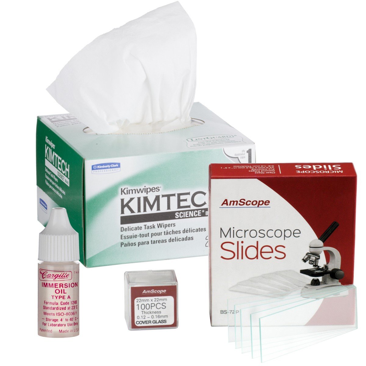 Microscope Immersion Oil 1/4 Oz Type A with Kimwipes, 72 Slides & 100 Coverslips