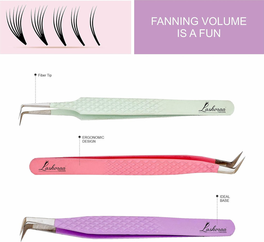 Lash Tweezers Set for Eyelash Extensions - 3 Piece Precision Fiber Tip Diamond Grip, Volume, L-Shape Boot, 90 Degree