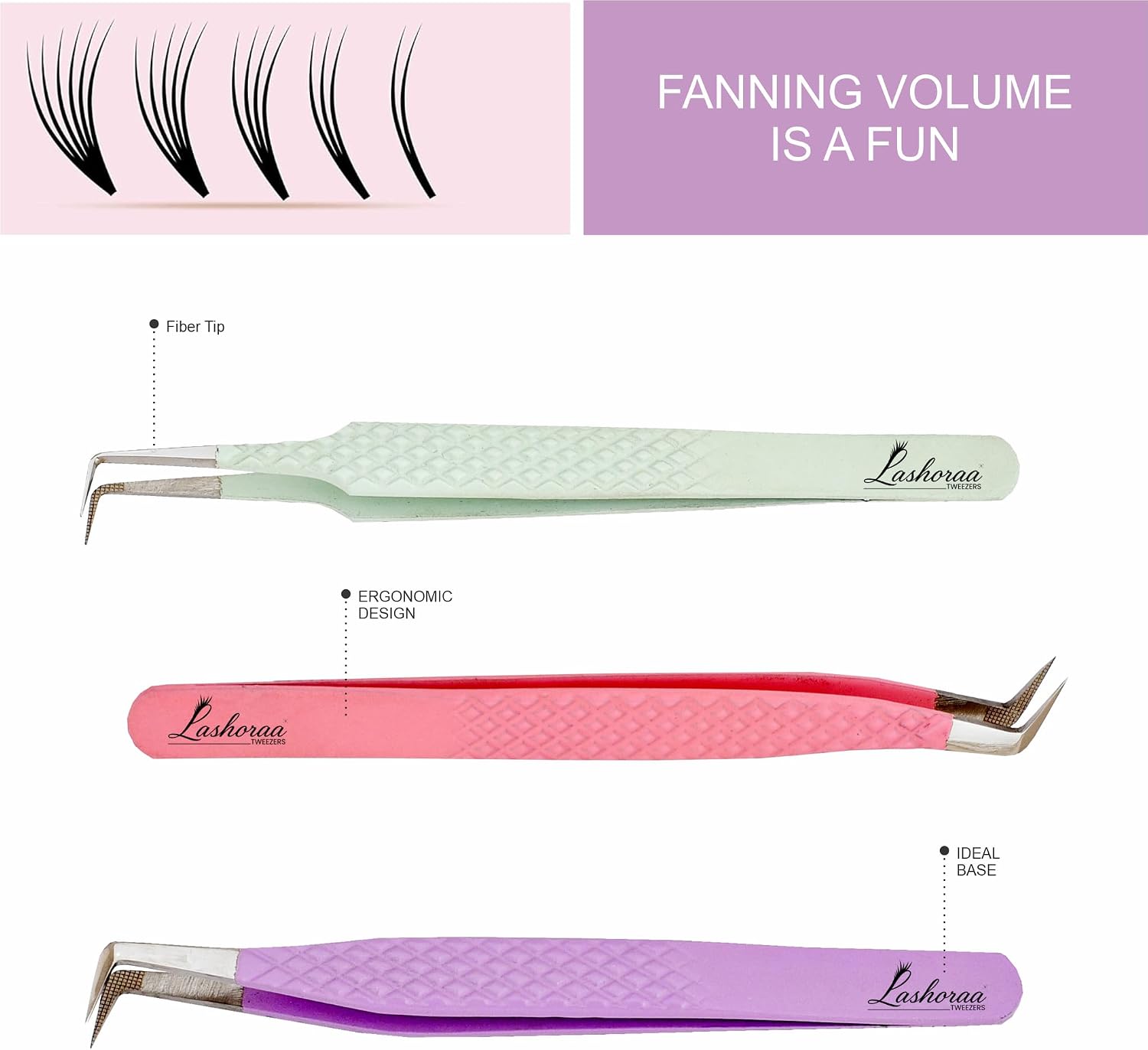 Lash Tweezers Set for Eyelash Extensions - 3 Piece Precision Fiber Tip Diamond Grip, Volume, L-Shape Boot, 90 Degree