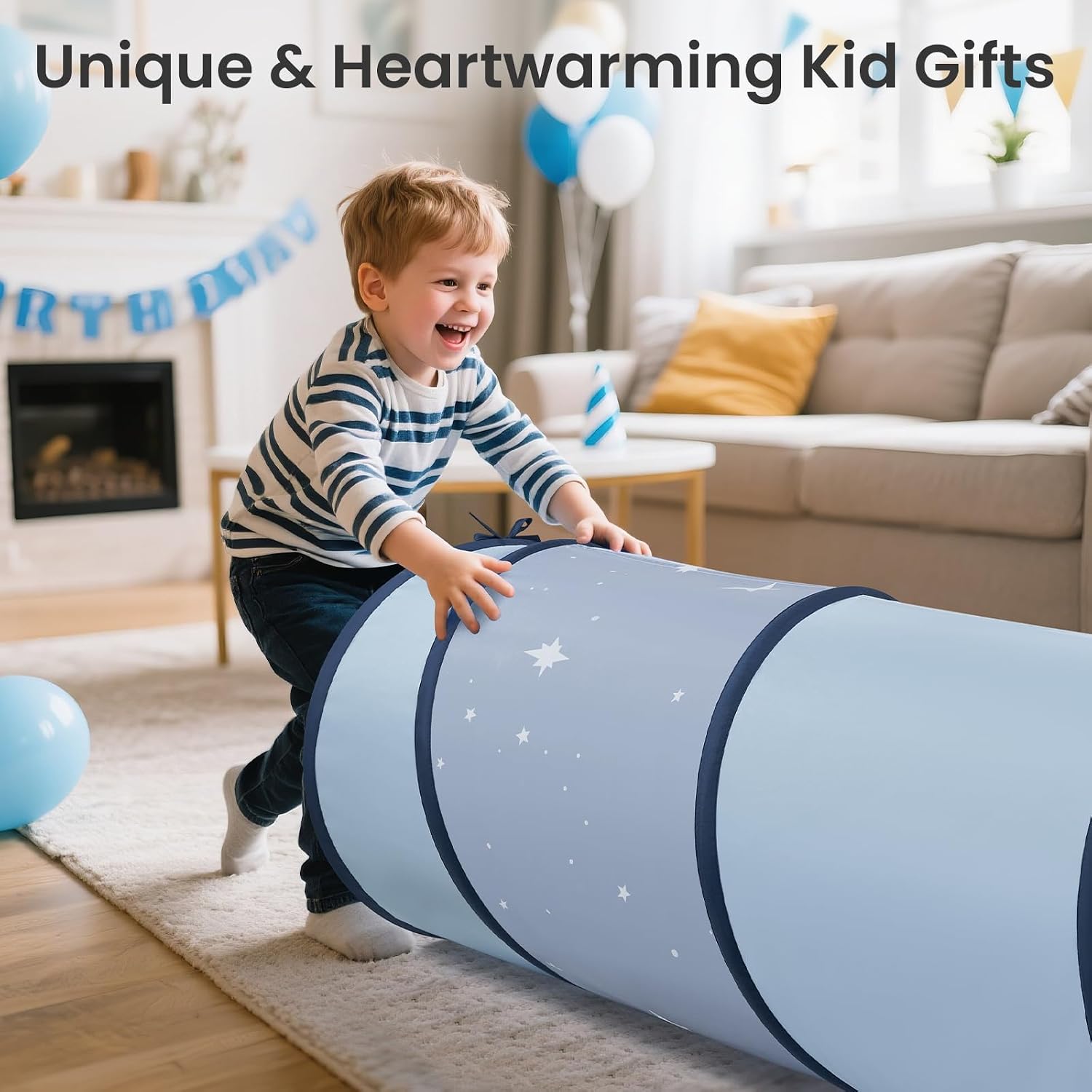 Kids Play Tunnel Tent with Storage Bag for Toddlers | 69" x 18" Foldable Crawl Toys for Baby, Blue Indoor & Outdoor