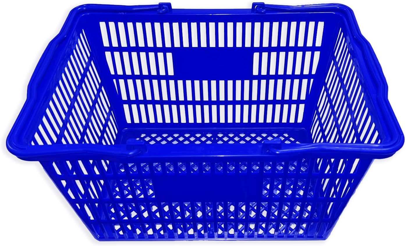 Stackable Plastic Shopping Baskets, Red and Blue, Easy-Grip Handles for Grocery, Retail, Liquor Stores, Home Use