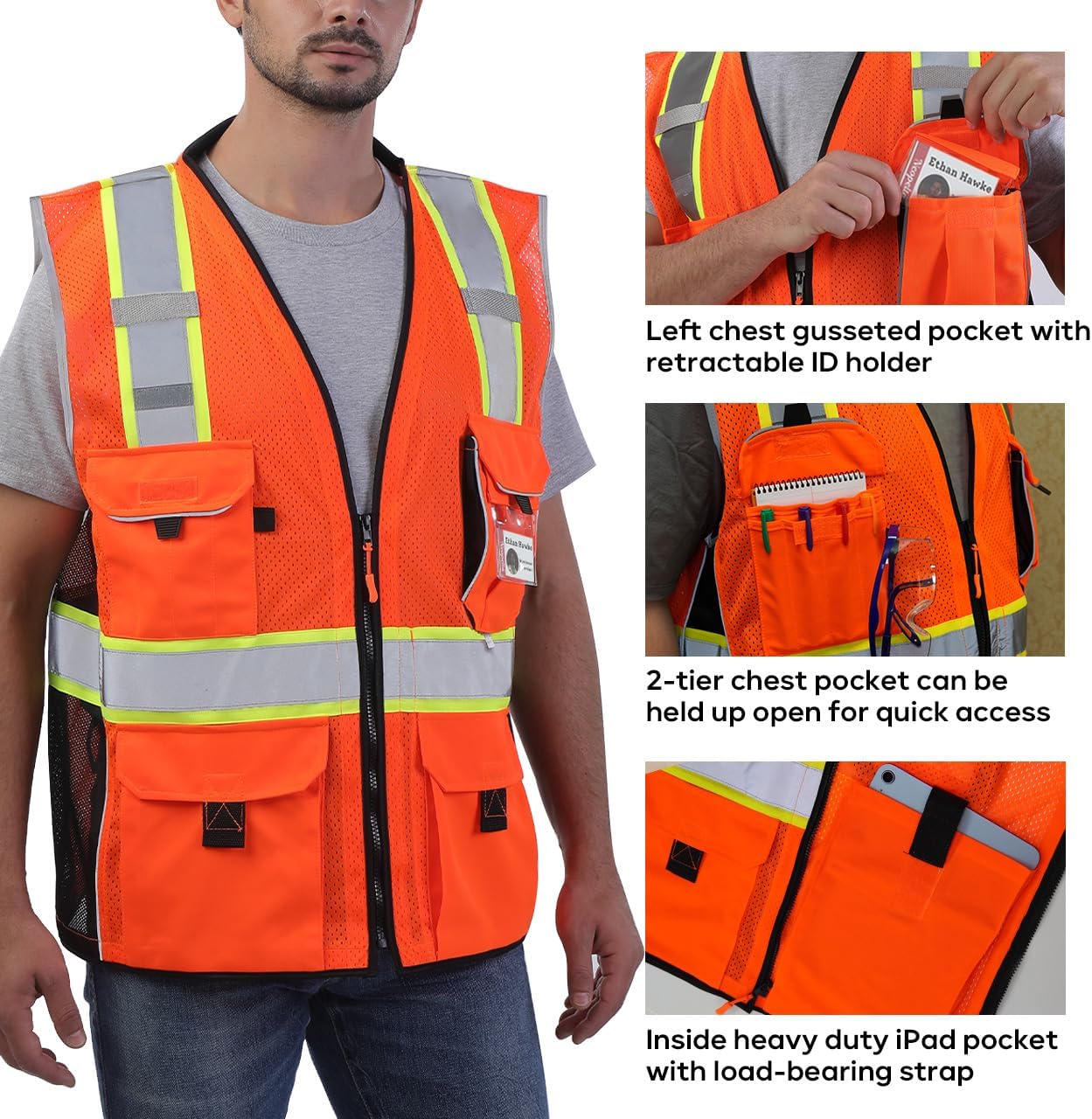 Heavy Duty ANSI Reflective Safety Vest with Pockets Orange Mesh XL | Made with 3M Reflective Tape, High Visibility