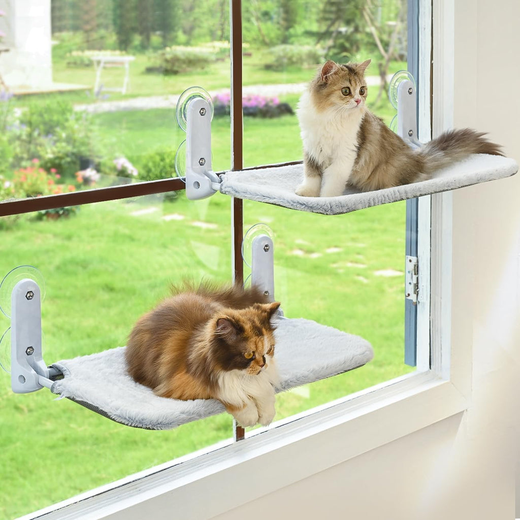 2PC Cat Window Perch Cordless Foldable Cat Hammock Bed for Window with Metal Frame and Reversible Cover, Large