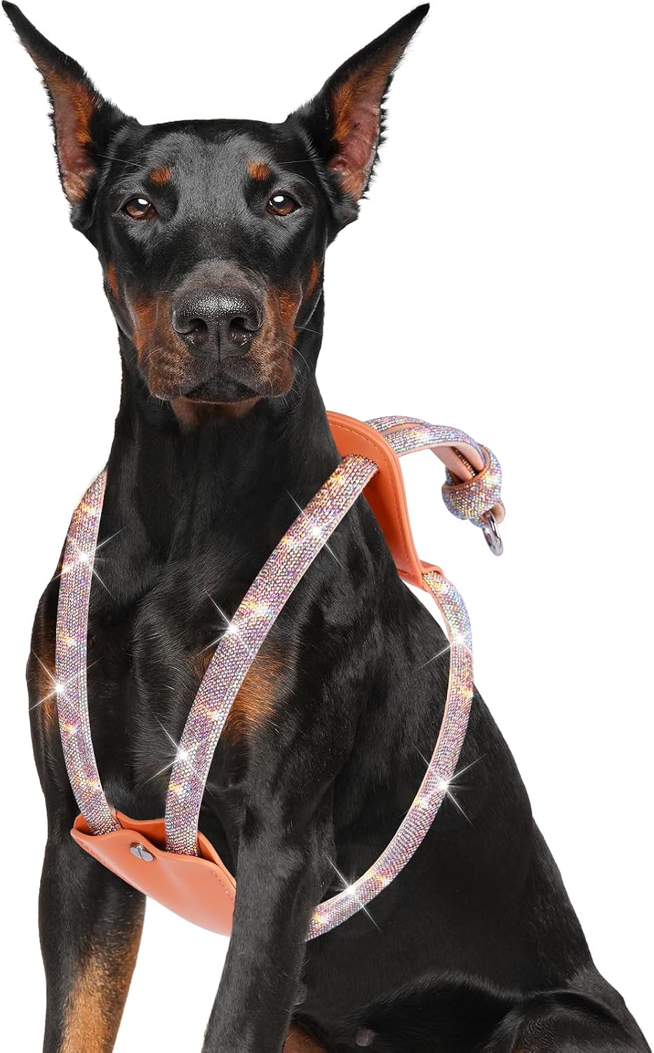 Rhinestone Dog Harness, Pink Leather No Pull Vest with Bling Multicolor Crystals, Adjustable Soft Walking Harness for