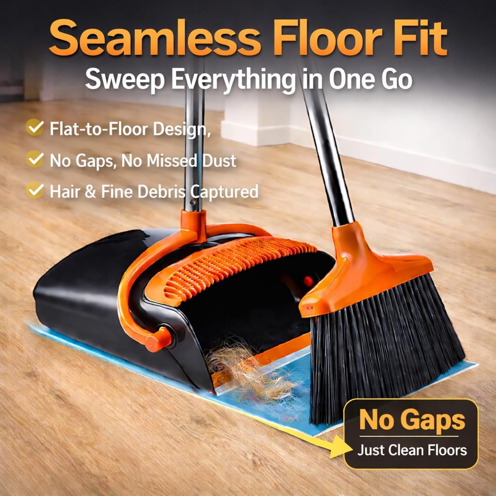 Broom and Dustpan Set with Long Handle, Upright Standing Self-Cleaning Combo, Windproof Dustpan with 6 Bonus Cleaning