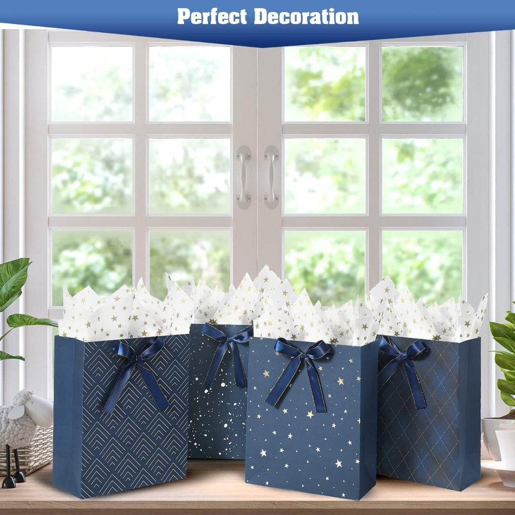 4 Pack 9" Medium Size Gift Bags Assorted Premium Blue Gift Bags with Tissue Paper Use for Birthdays, Baby