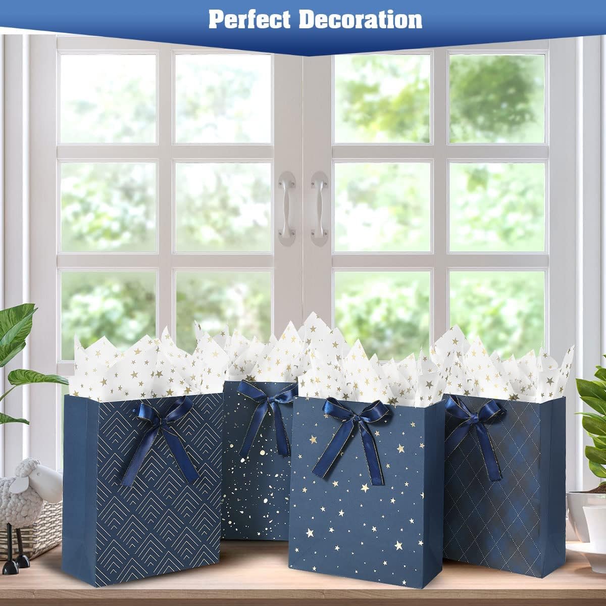 4 Pack 9" Medium Size Gift Bags Assorted Premium Blue Gift Bags with Tissue Paper Use for Birthdays, Baby