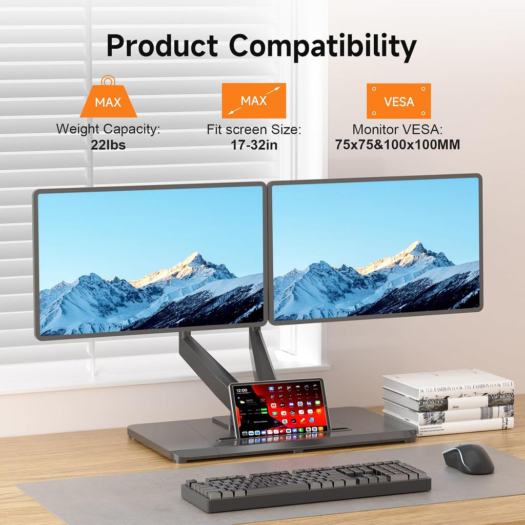 Adjustable Dual Monitor Arms with Base for 17-32" Screens | Pneumatic Dual VESA Monitor Mount with Base, Freestanding