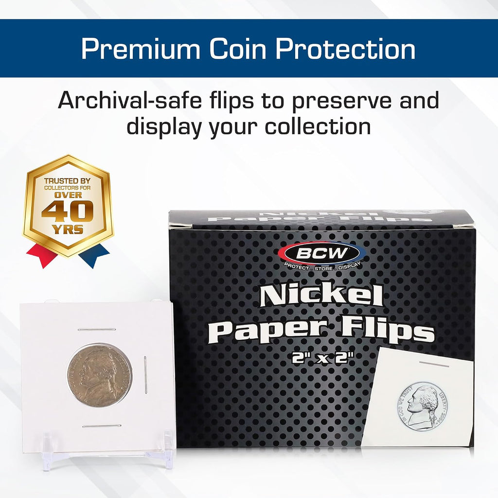 2x2 Coin Flips for Nickels – 100 Pack | Archival Paper Coin Holders with Clear Window | Nickel Holders for Collectors