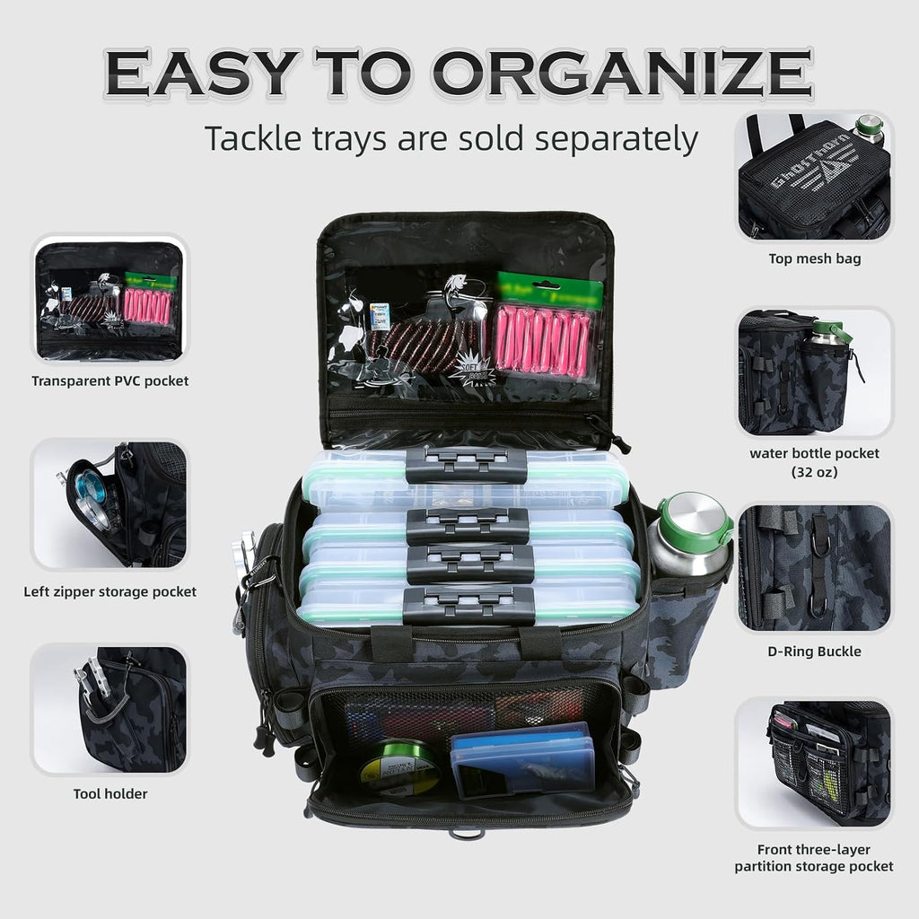 Large Fishing Tackle Bag with Rod Holder Waterproof Gear Storage | Waterproof Fishing Bag with Padded Shoulder Strap