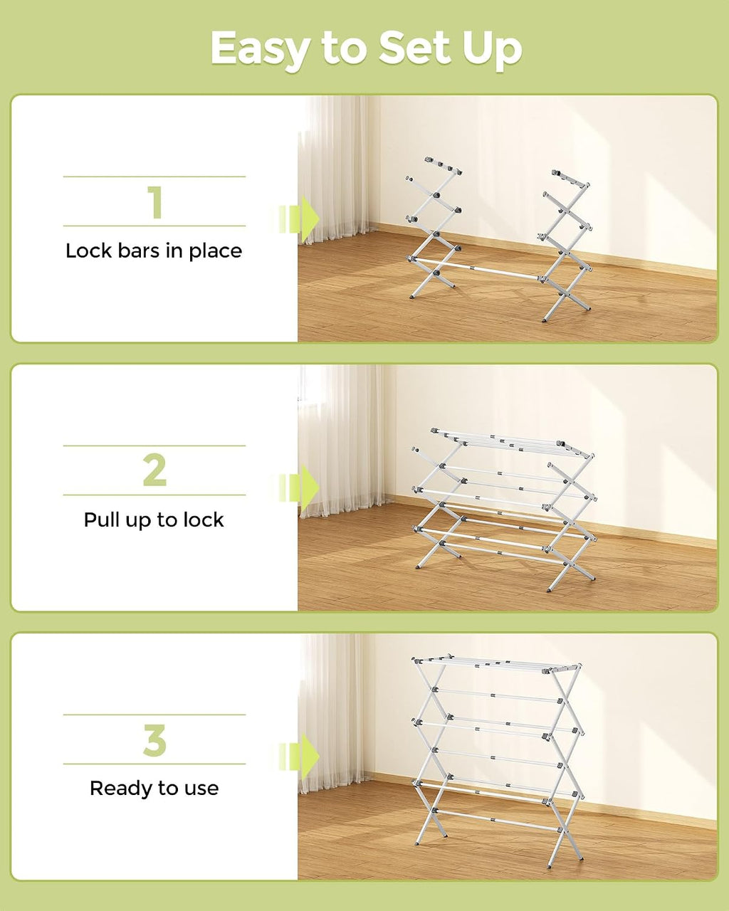 3-Tier Foldable Clothes Drying Rack, 37.6" H, White | Rust-resistant Metal, Tool-free Assembly, Extendable Drying