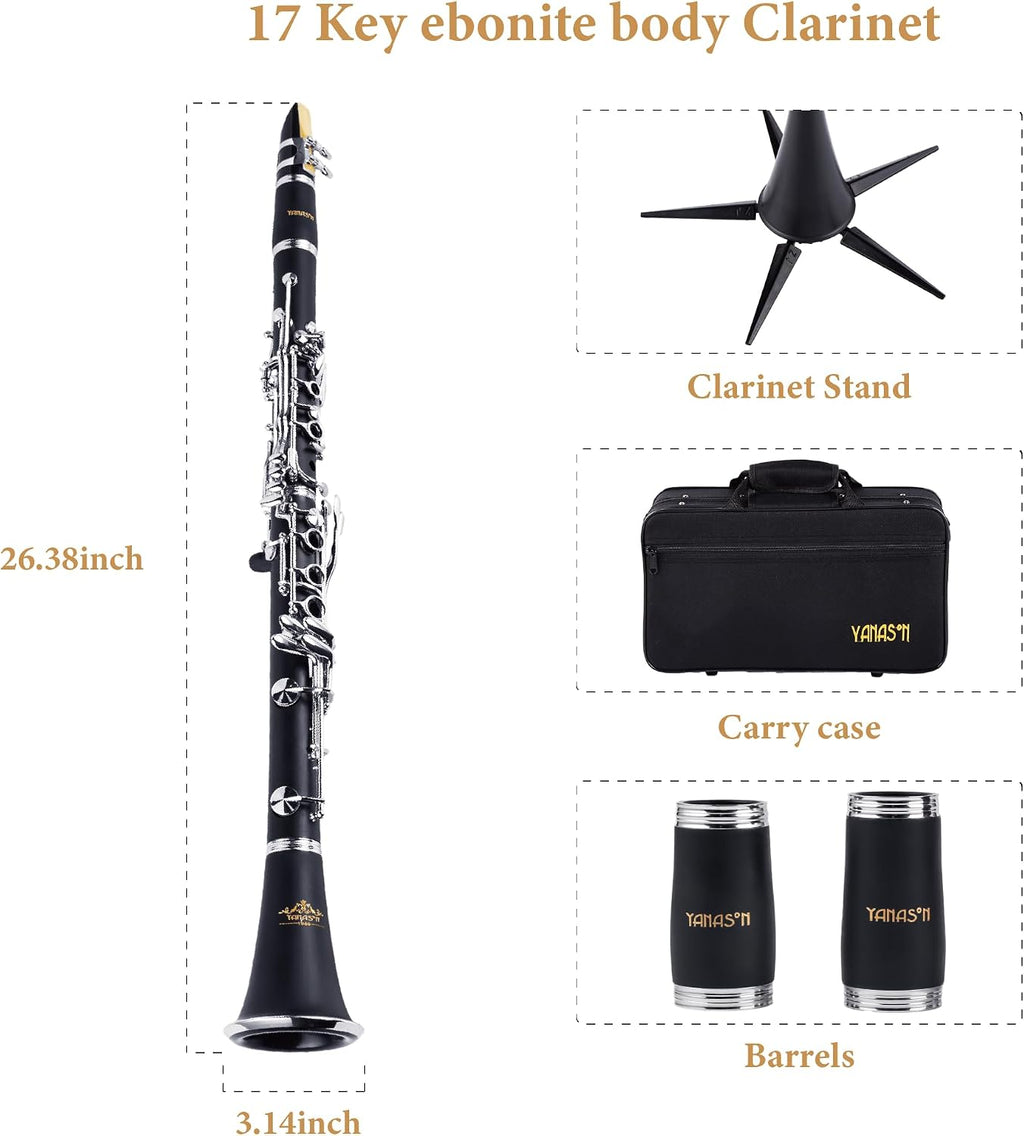 YANASON Bb clarinet for beginners, Bb nickel-plated 17-keys clarinet, suitable for students, professionals, school