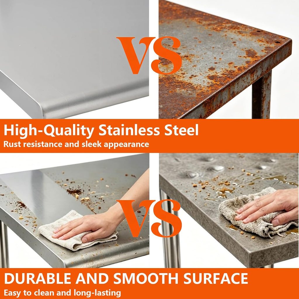 Stainless Steel Curved Edge Work Table 48 inch Double Layer with Backsplash & Casters, Heavy Duty Commercial Prep