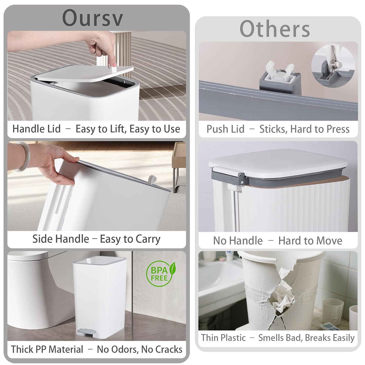 Small Bathroom Trash Can with Lid, 2.1 Gallon Slim Step Trash Can, White | Mini Garbage Can with Handle for Bedroom