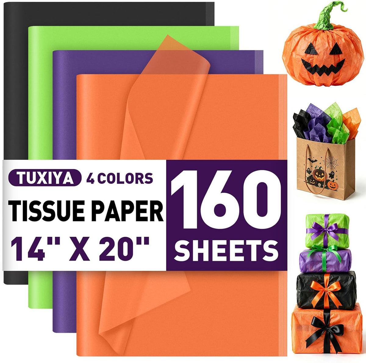 160 Sheets Halloween Tissue Paper,4-Color 14"X20" Tissue Paper Bulk