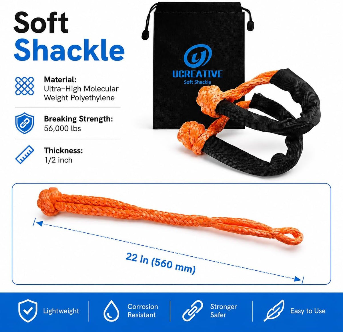 1" x 30' Kinetic Rope & 2PCS Synthetic Soft Shackles Kit Orange
