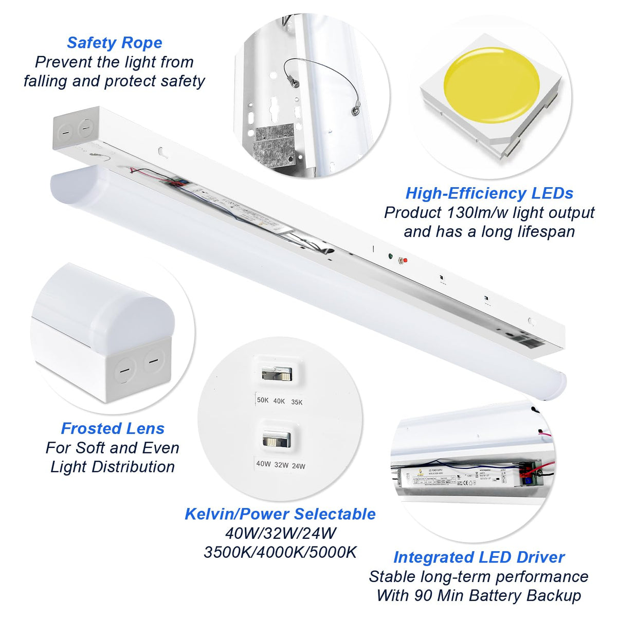 4FT LED Linear Strip Shop Light with Emergency Battery Backup, 3CCT