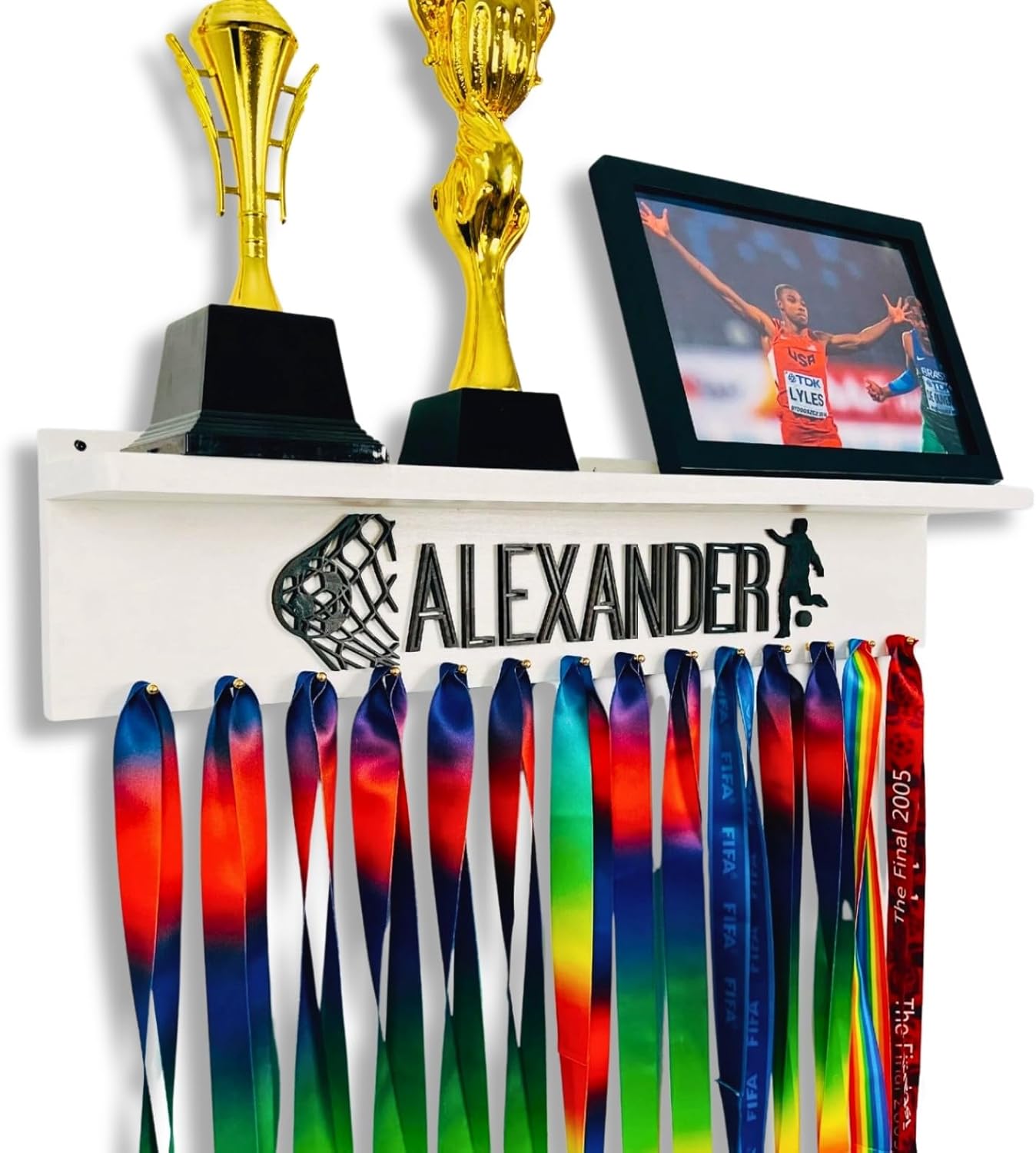 Personalized Medal Holder And Trophy Shelf With 3D Name,Custom Wooden Medal Hanger Display For Awards or