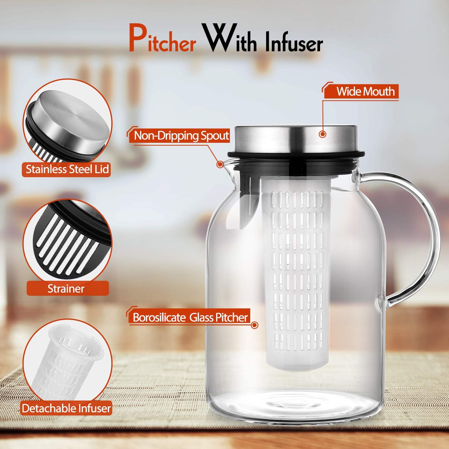 Glass Water Pitcher, Fruit Infuser Pitcher with Removable Lid, High Heat Resistance Infusion Carafe for Hot/Cold