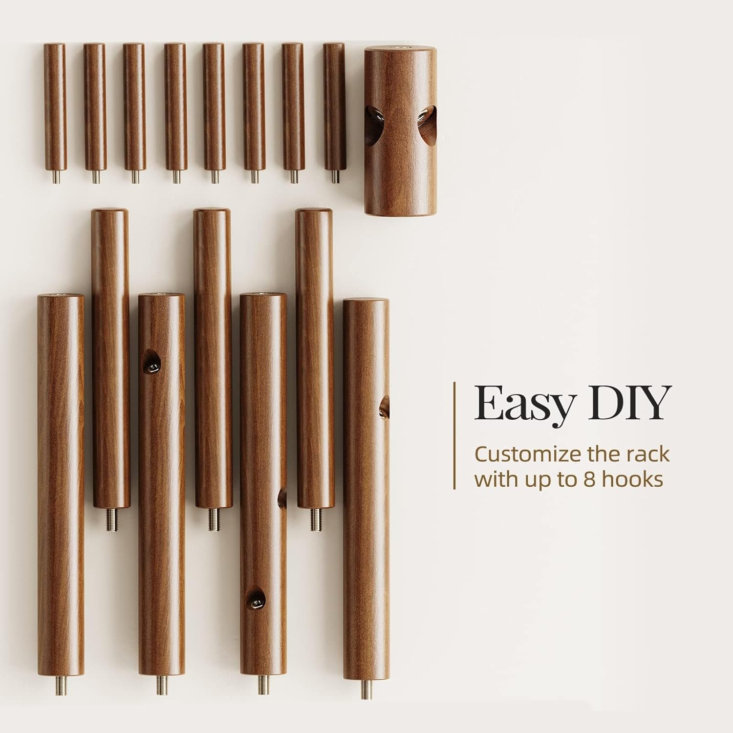 Solid Wooden Coat Rack Freestanding, Hall Tree with 8 Hooks, 3 Height Options for Coats, Hats, Handbags, and Scarves